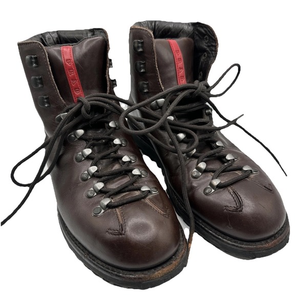 Vintage Prada Linea Rosso Lace Up Brown Leather Boots Sz 37 1/2 (7 1/2)
